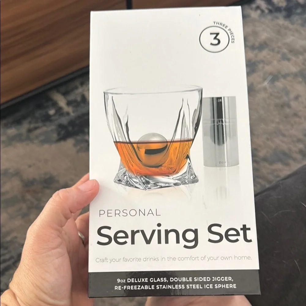 Deluxe Personal Serving 3 Piece Set Freezable Stainless Steel Ice Sphere & Glass